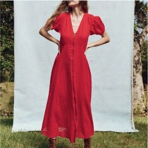NWT THE GREAT. The Veranda Dress Red Eyelet Zip Front Midi Puff Sleeve Size 0